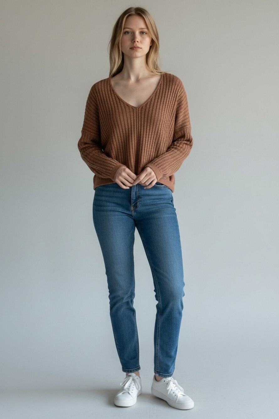 Abercrombie & Fitch Brown Ribbed Knit Long Sleeve Oversized V-Neck Sweater Sz XL